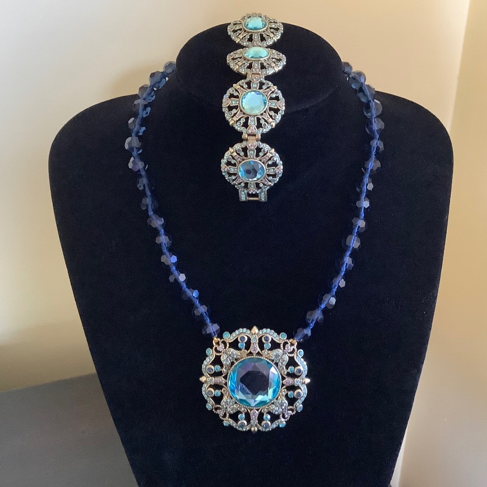 Heidi Daus Victorian Crystal Beaded Necklace And Bracelet Aqua Blue Multi